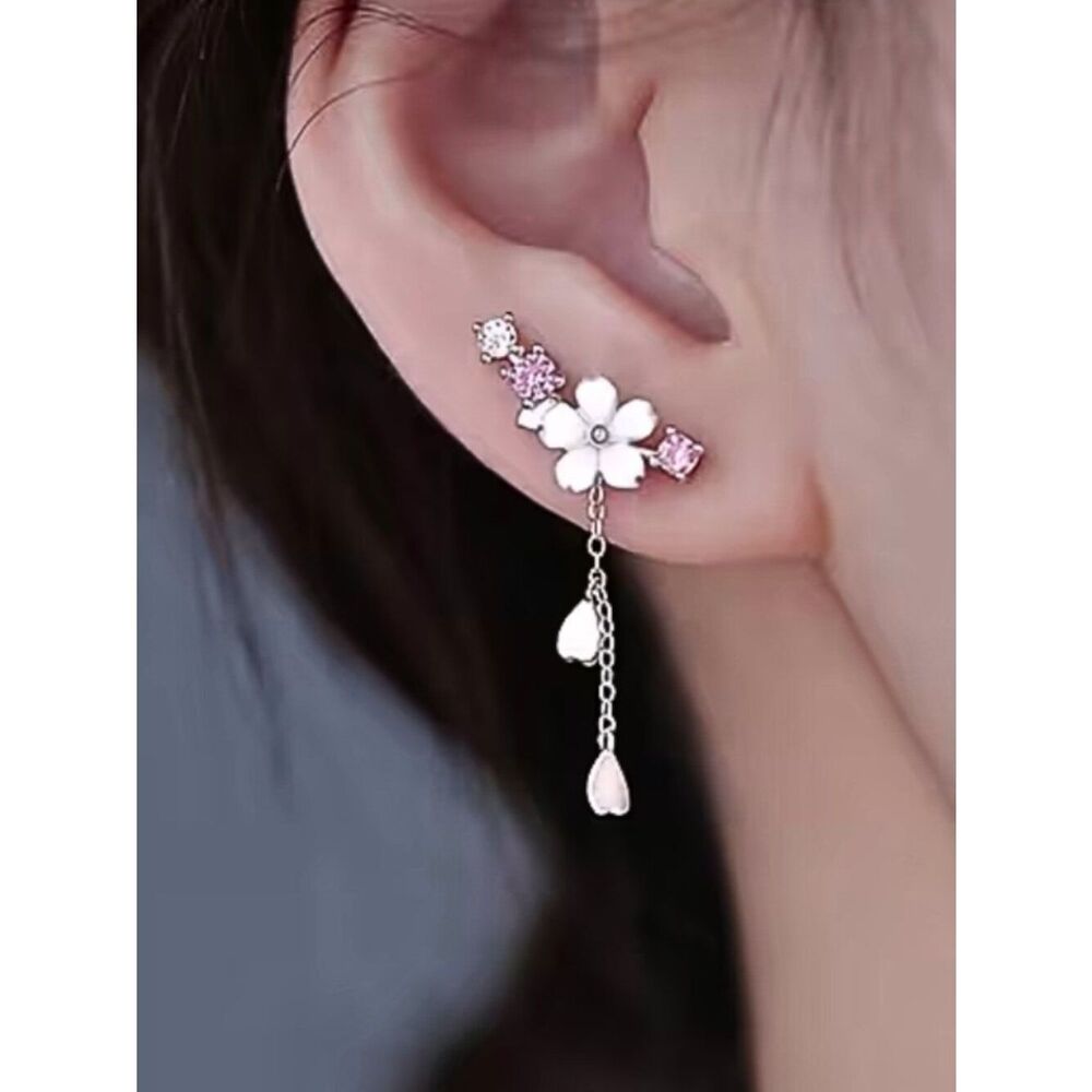 NWT Silver Plated Stainless Steel Cherry Blossom Flower CZ Climber Earrings